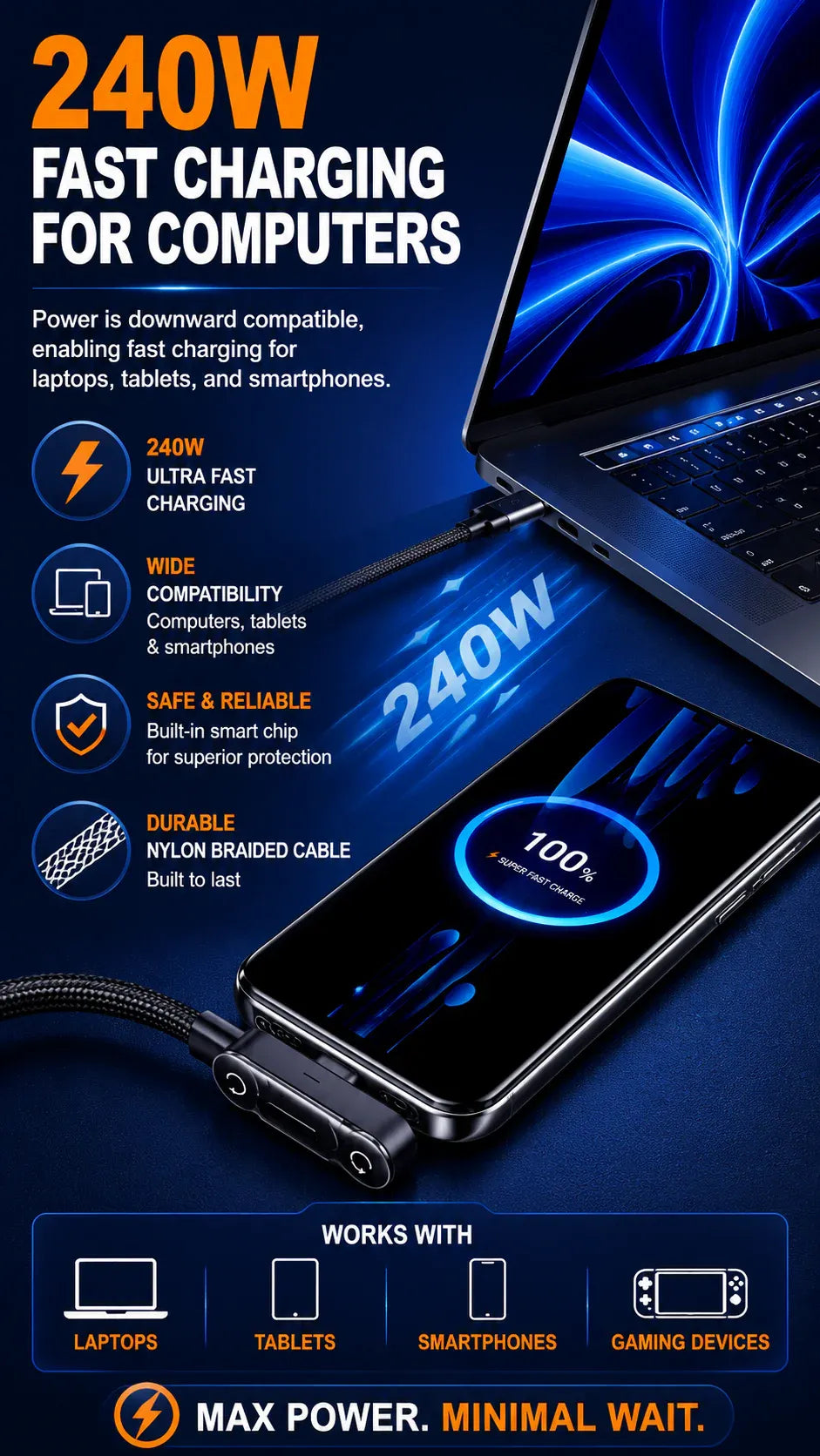 240W Fast Charging Cable with Stand | UAE